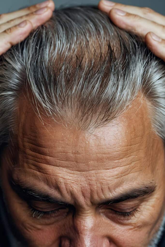 A man looking down with his hands on his hair