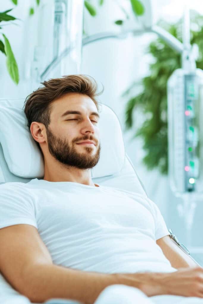 A male resting during IV therapy