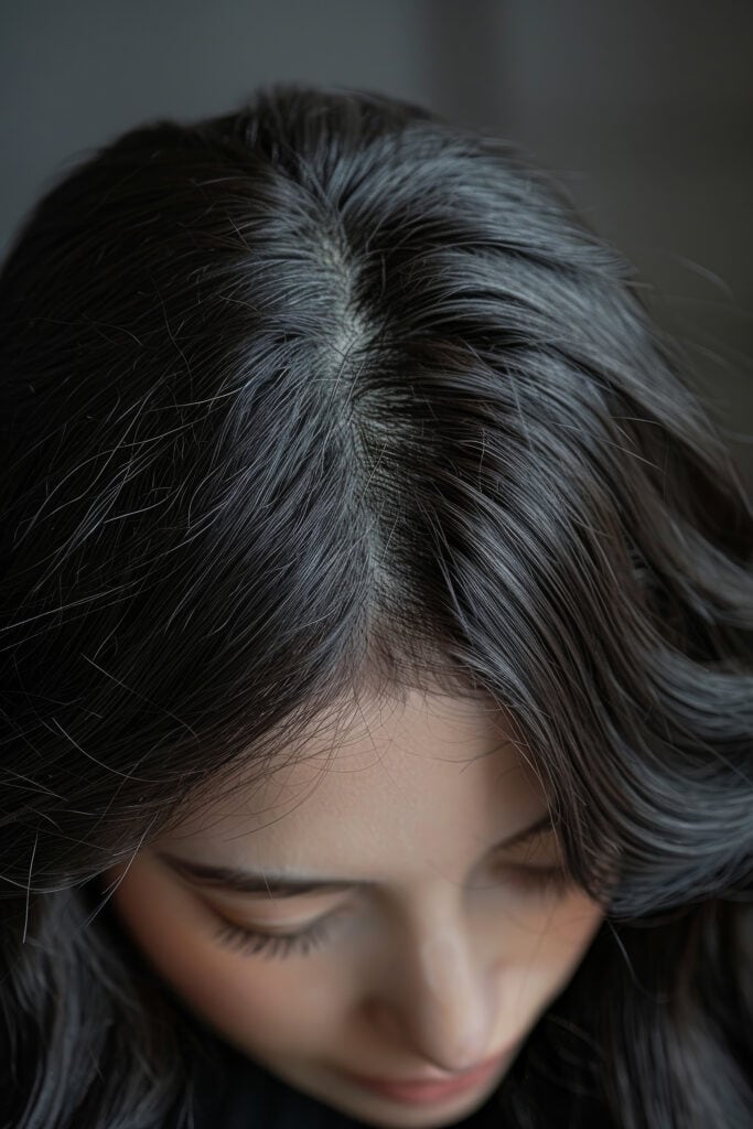 A woman looking down with her scalp and hair in view